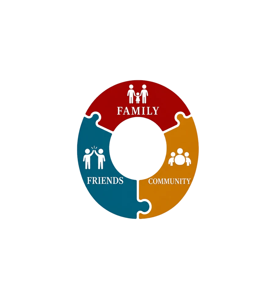 At the centre of the network: Family, Friends and Community.